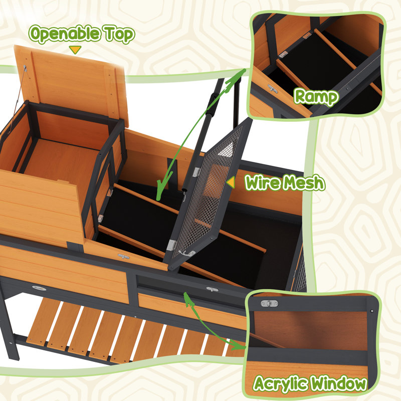 Tortoise Habitat 2 couches de tortue avec support de lampe réglable, tablette de rangement, maison principale amovible, plateau fixe, couvercle ouvrable, jaune, bois
