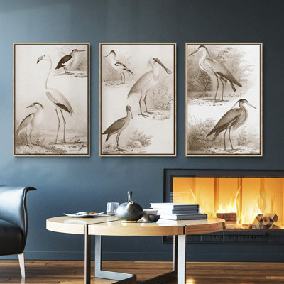 Oiseaux d'eau sépia I, ensemble de 3 toiles encadrées