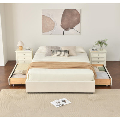 2 Wooden Large Drawers Upholstered Platform Storage Bed