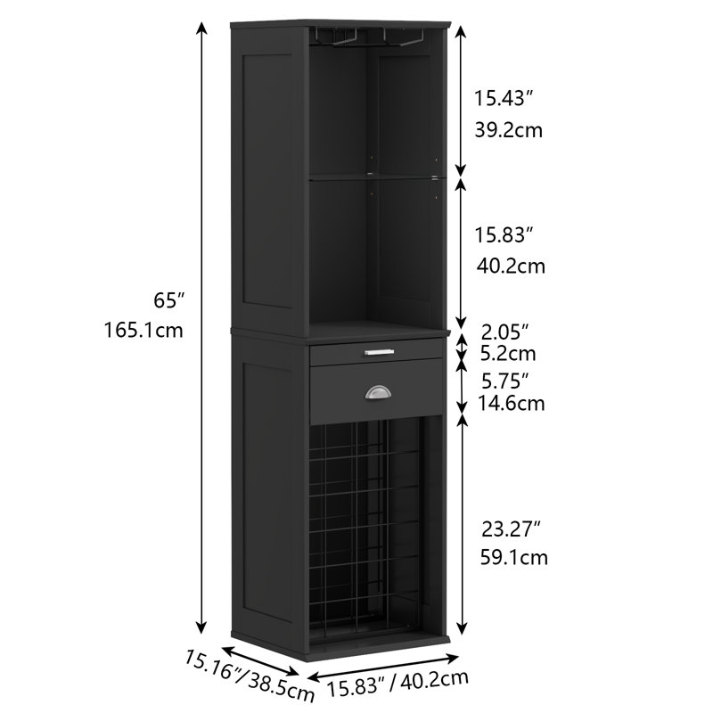 65'' Tall Wine Bar Cabinet, Coffee Bar Cabinet With 24 Wine Rack & Glass Holder, Kitchen Storage Cabinet With Tray & Storage Drawer & Adjustable Shelf, Freestanding Liquor Cabinet For Kitchen, Dining Room, Living Room, Black