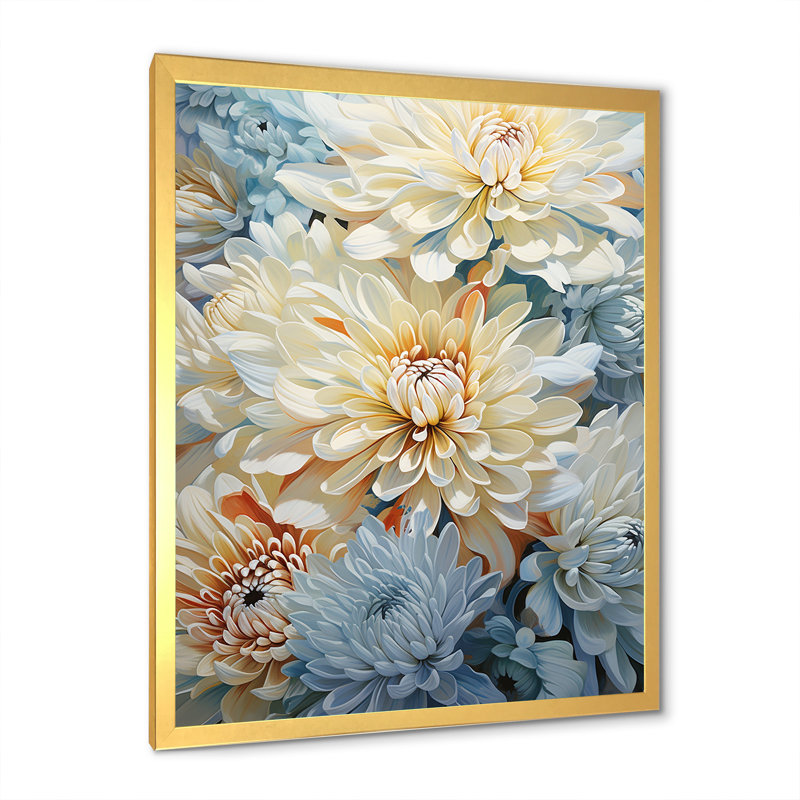 «Simplicity Mums Bloom» en beige et bleu discret sur toile, Cadre doré simple, H 20 po x l 12 po x P 1 po