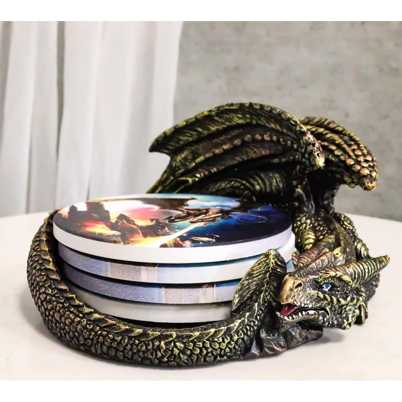 Trinx Golden Ancient Smaug Dragon In Hibernation Fantasy Coaster Set Figurine Holder With Four Round Fire Breathing Drake Image Sublimation Tile Coasters Medieval Dungeons And Dragons