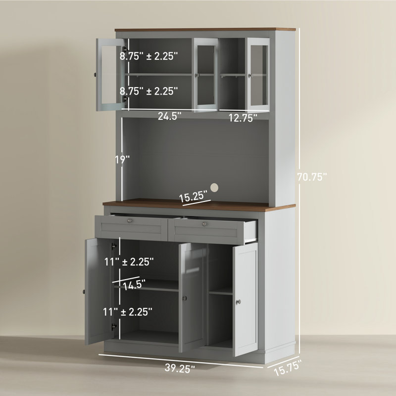 Armoire de cuisine pratique avec support pour micro-ondes, huche de cuisine avec tiroirs et tablettes réglables, Gris / Chêne