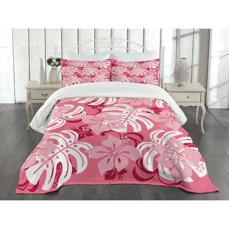 Ambesonne Luau Bedspread Monstera Leaves Blossoms Pink White and Ruby, King Coverlet/Bedspread + 2 Pillow Shams