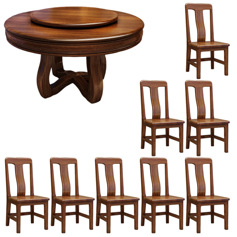 Modern solid wood round table set, 29.9"H x 51"L x 51"W, 9 Pieces: Table, 8 Chairs