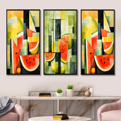 Cubic Green Watermelon Pattern I - Melon Canvas Art Print Set Of 3