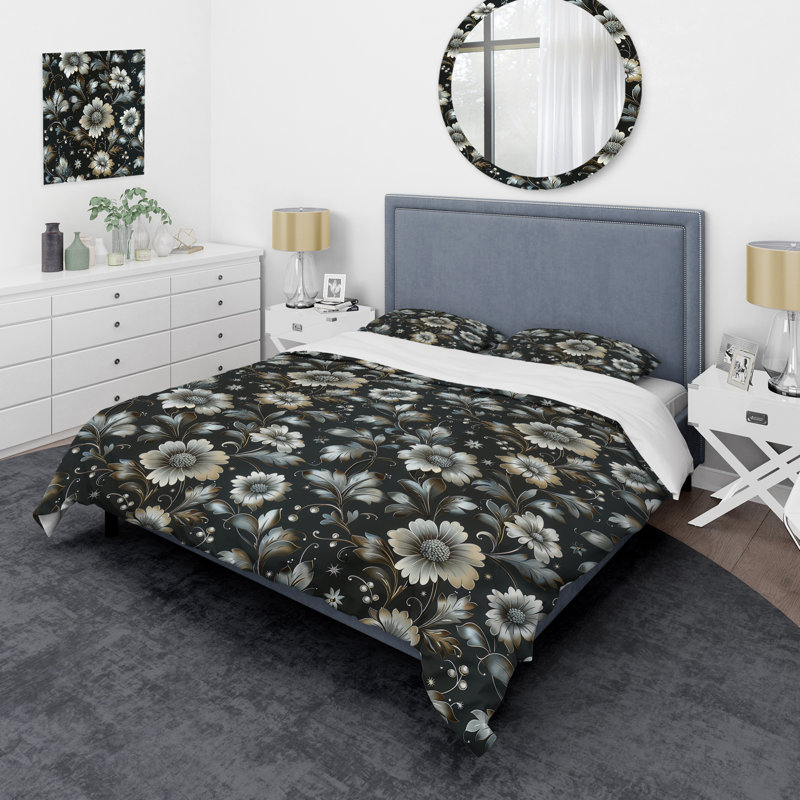 Ensemble de housse de couette Black Silver Flower Gardens - Glam, Housse de couette très grand + 2 taies décorativ