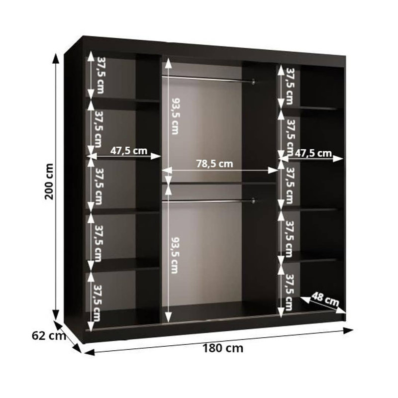 Arroe 2 Door Manufactured Wood Wardrobe, 200cm H x 180cm W x 62cm D, Black