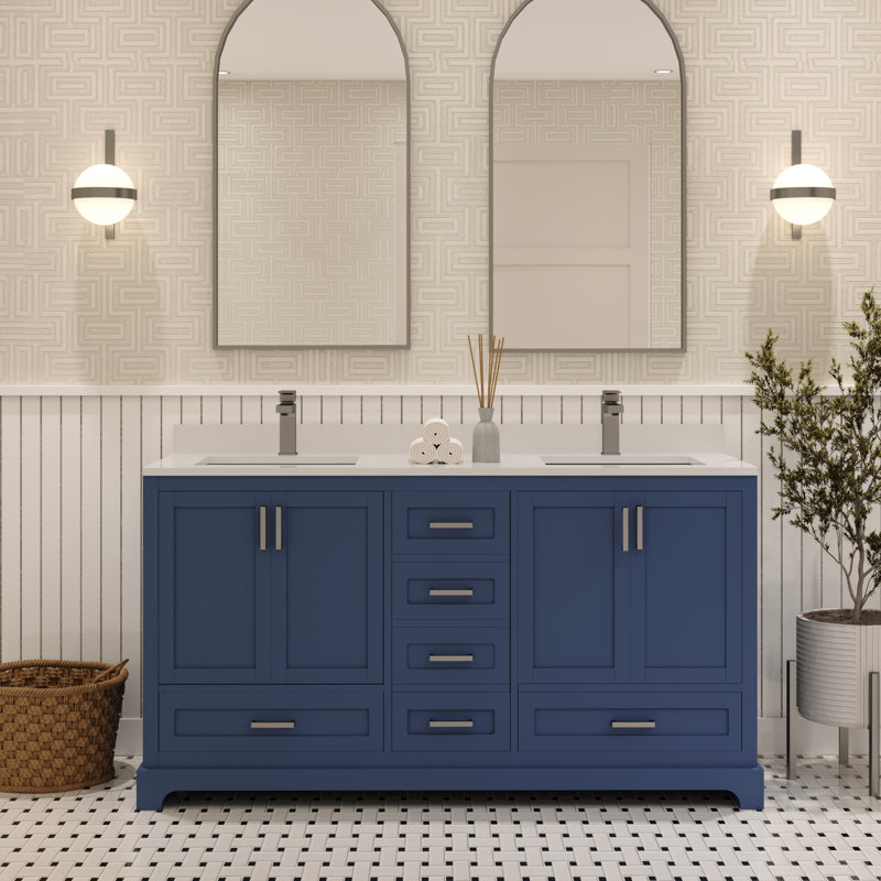Meuble-lavabo double autoportant 60 po avec plateau en quartz blanc Maya, Bleu marine