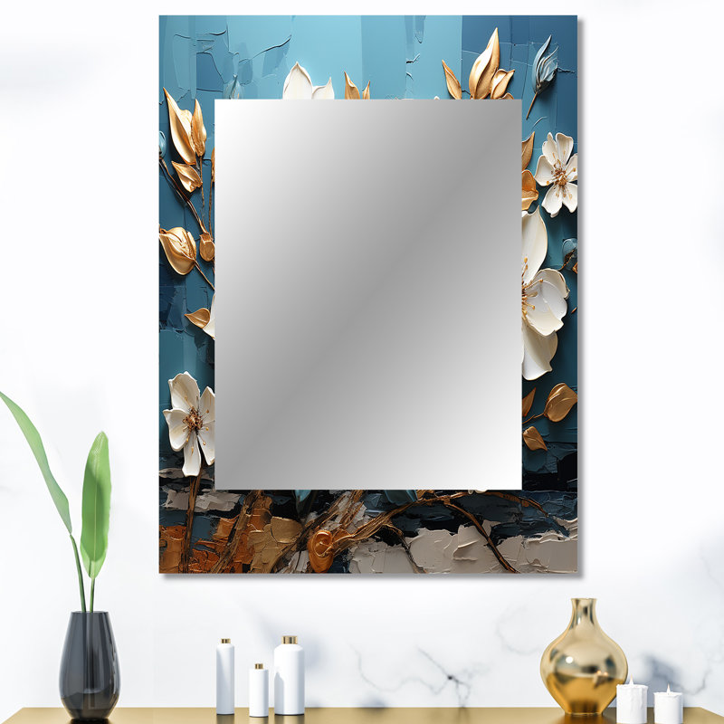 Blanc et doré, charmante fleur de printemps Blooms I - miroir mural fleurs, miroir décoratif traditionnel, impression d'art en métal