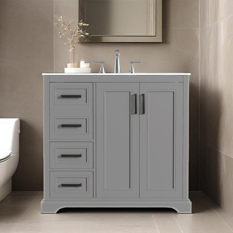 Meuble-lavabo moderne 36 po avec lavabo en céramique, porte à fermeture douce, tablette réglable et 3 tiroirs, Gris, Noir