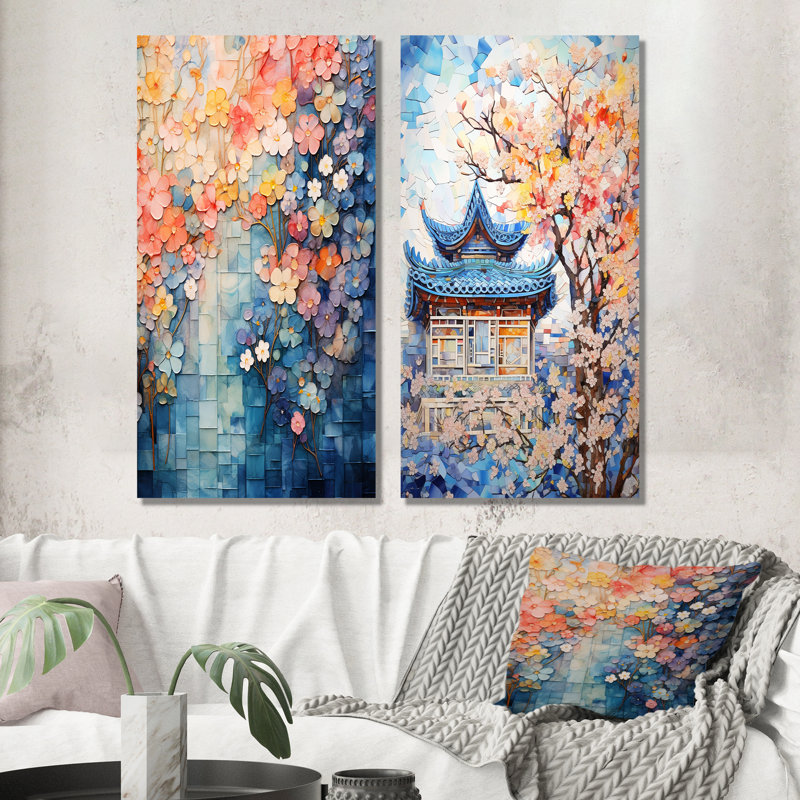 Bleu, Japon, arbres en fleurs, paysages I, ensemble d'art mural abstrait sur toile florale, Toile tendue, H 28 po x l 25 po
