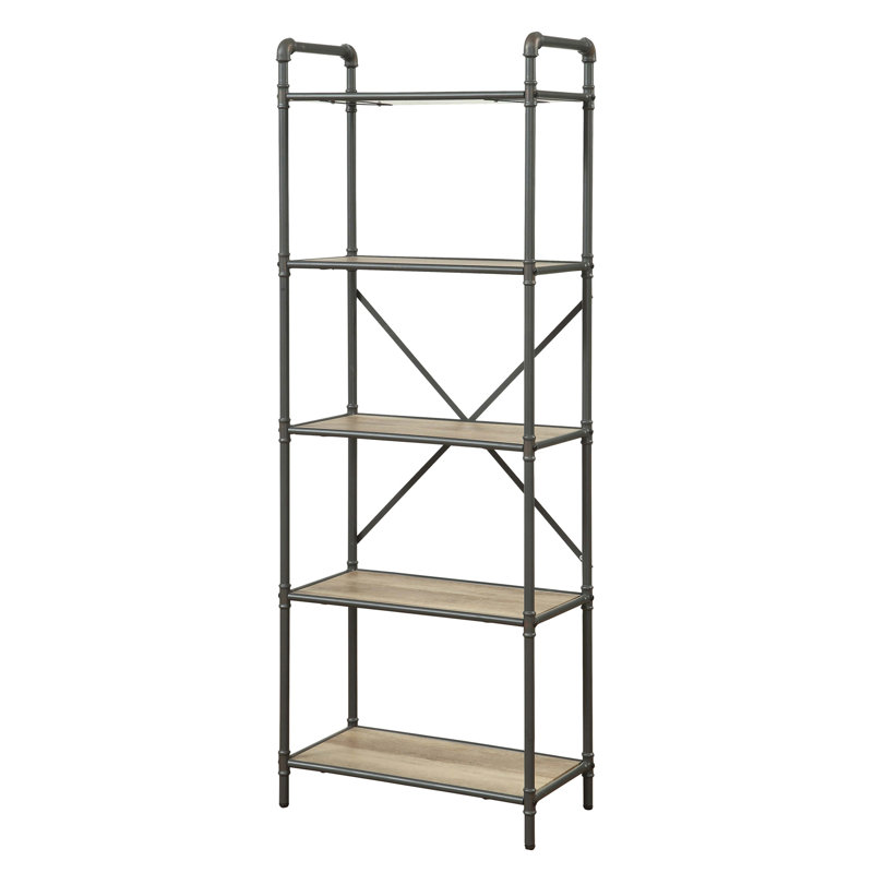Antique Oak And Sandy Grey 5-Tier Bookcase, Natural/Gray, (5 Shelves) 63.5"H x 26.5"W x 14.5"D