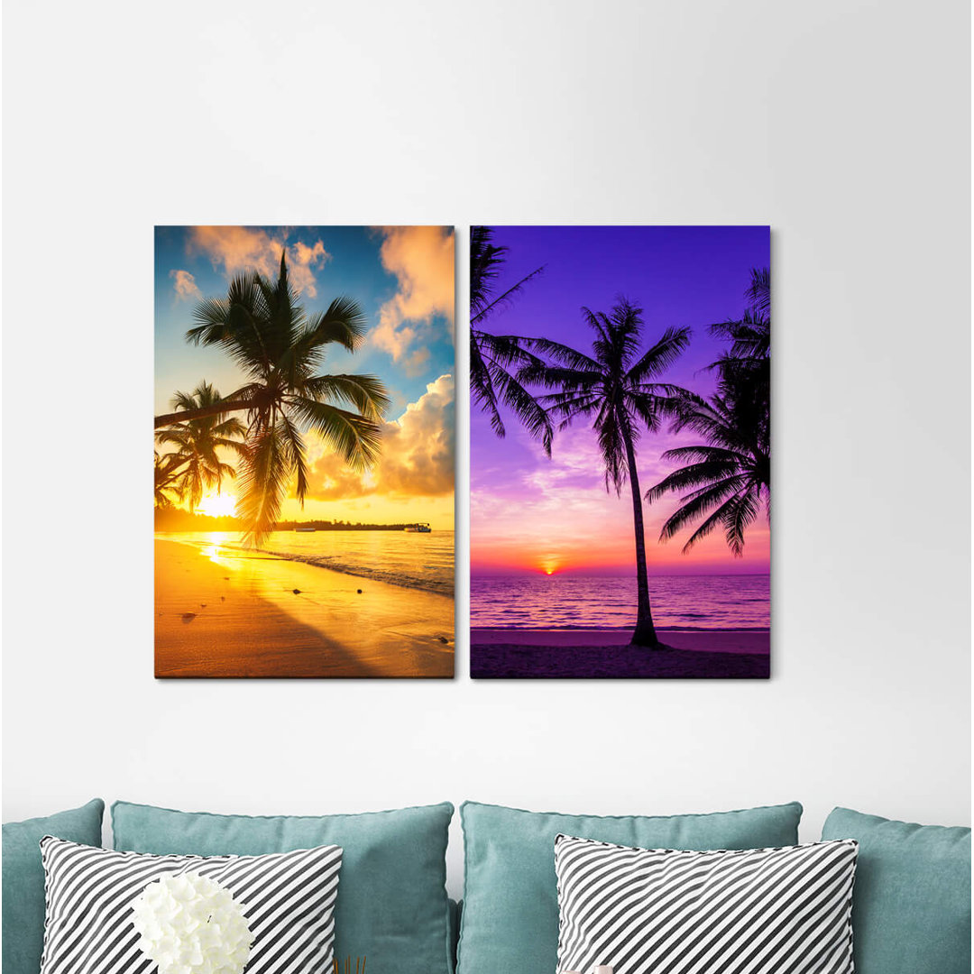 2-tlg. Leinwandbilder-Set - Fotografie „Palm Trees Beach Exotic Dreamlike Vacation Sunset Summer”