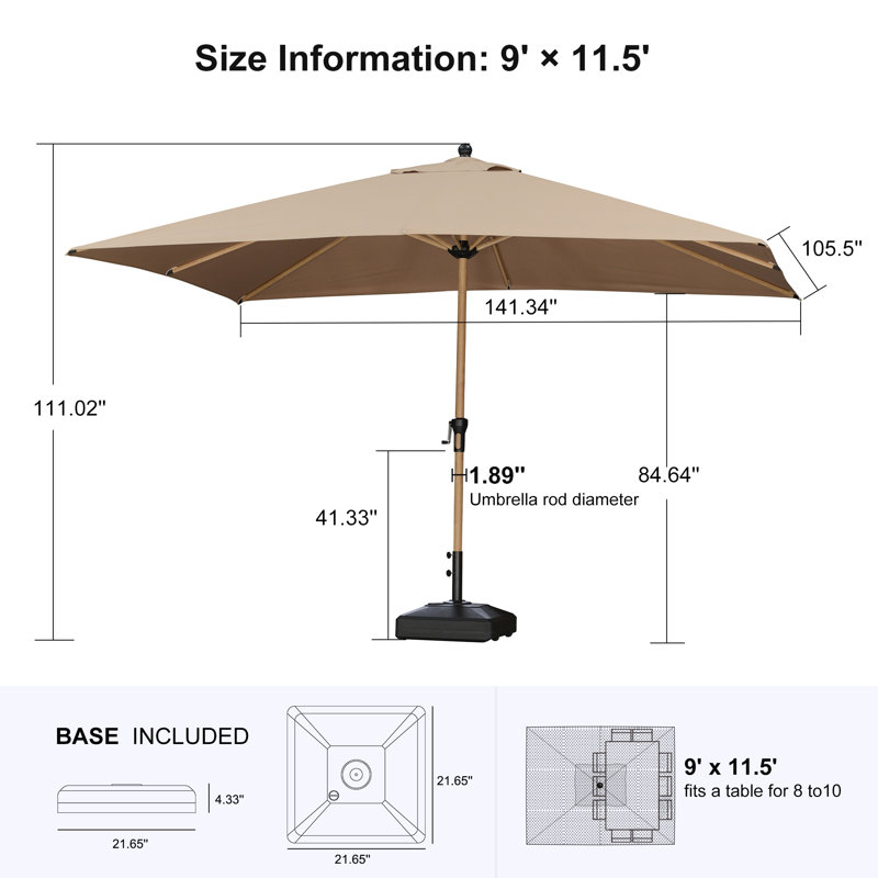 Parasol de patio 9 pi x 11,5 pi avec base et parasol de marché avec manivelle et 8 nervures, Taupe