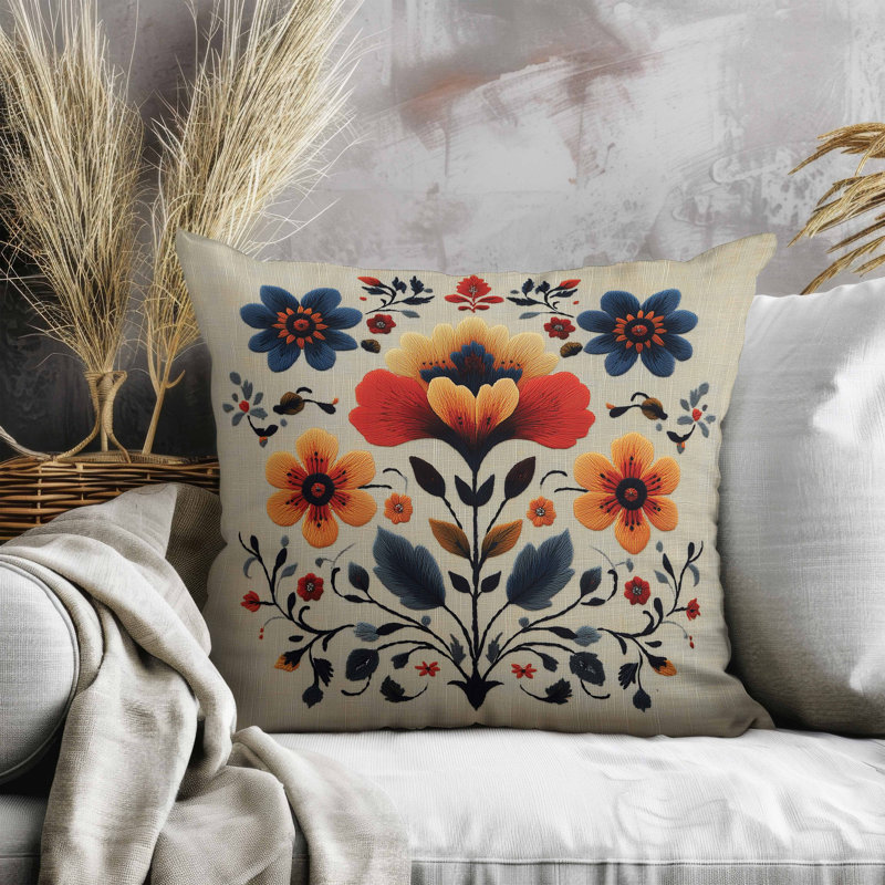Oreiller en faux suède Rajasthan Bloom, Carré 16 po, Bleu / beige / orange