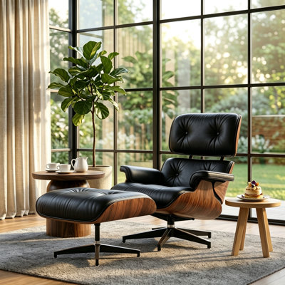 Mid Century Modern Lounge Chair with Ottoman, Leather Accent Chair, Solid Wood Frame, Heavy-Duty Aluminum Alloy Base, Reclining Reading Chair for Living Room, Office or Bedroom