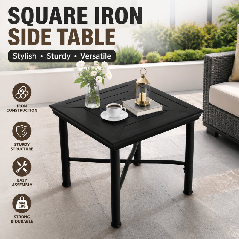 Table d'appoint d'extérieur pour patio avec plateau en acier à lattes et structure thermolaquée