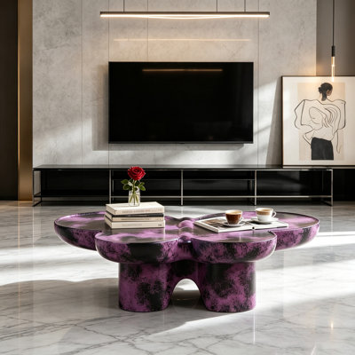 Table basse 47,24 "en forme de papillon, table basse mauve en simili-travertin noir pour le salon