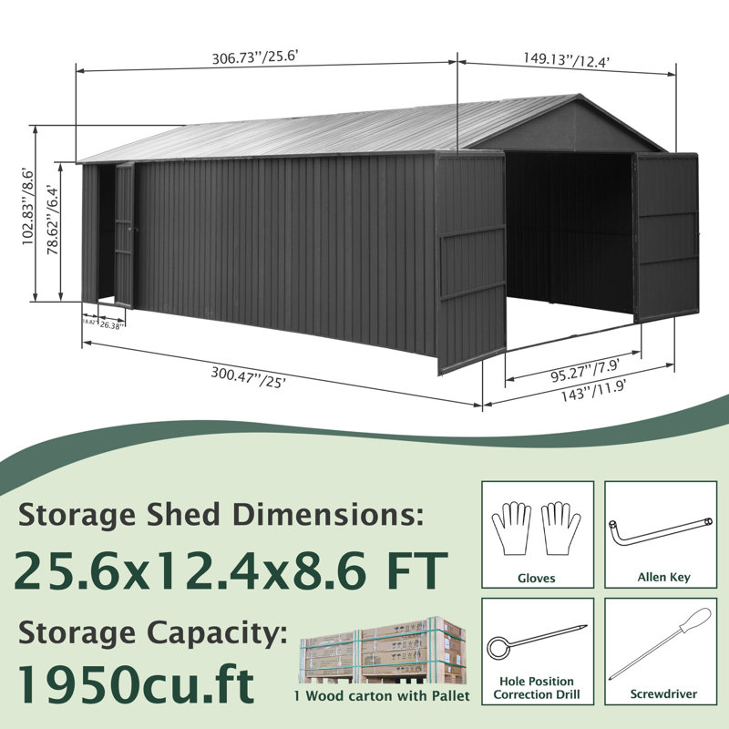 Énorme remise de patio pour l'extérieur, garage en métal avec 2 portes à double charnière, 25,6 pi H