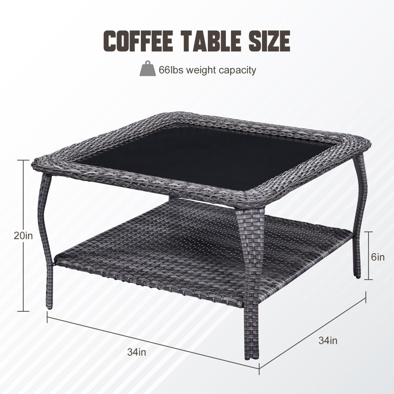 Table basse d'extérieur en osier avec plateau en verre Wendye, Gris
