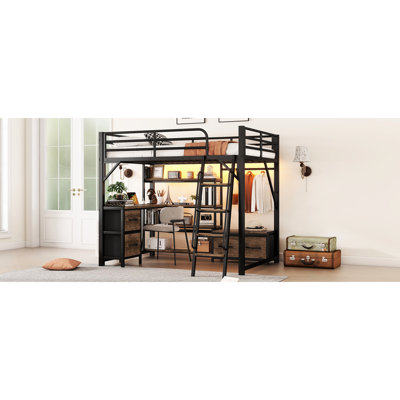 Full Loft Bed With Desk, Charge Station, 4 Storage Shelves, Wardrobe, 2 Fabric Drawers And Remote - Controlled Multi Color Led Lights Metal , Storage, Adjustable Flash Modes, Safe Stable