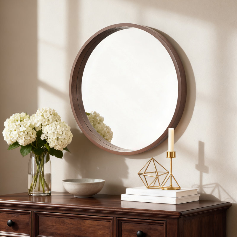 Round Wood Frame Wall Mirror – 2.5-inch Thick Frame, 28" x 28", Walnut