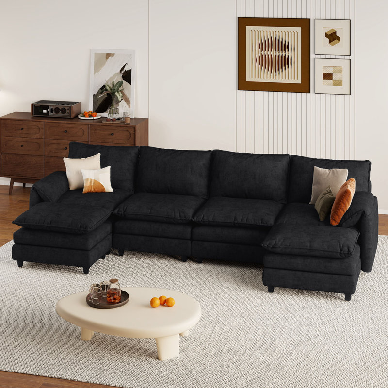  139'' W Double Layer U-Shaped Cushion Cloud Couch, 6-Piece Sectional Sofa, Black Velvet