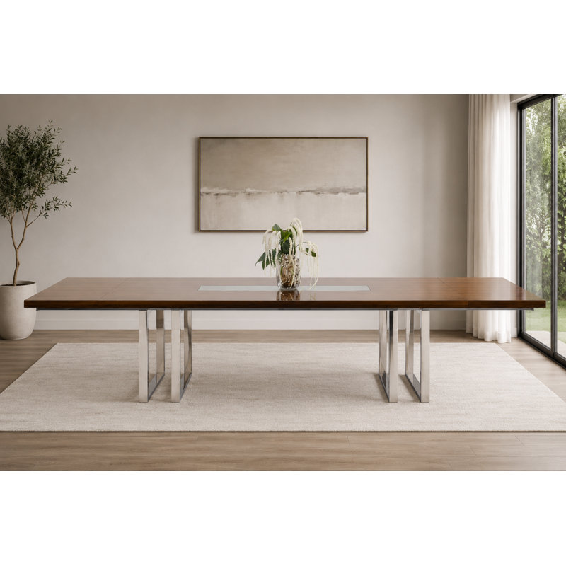 Galway Extendable Walnut Lacquer Dining Table with Glass Insert & Polished Stainless Steel Base