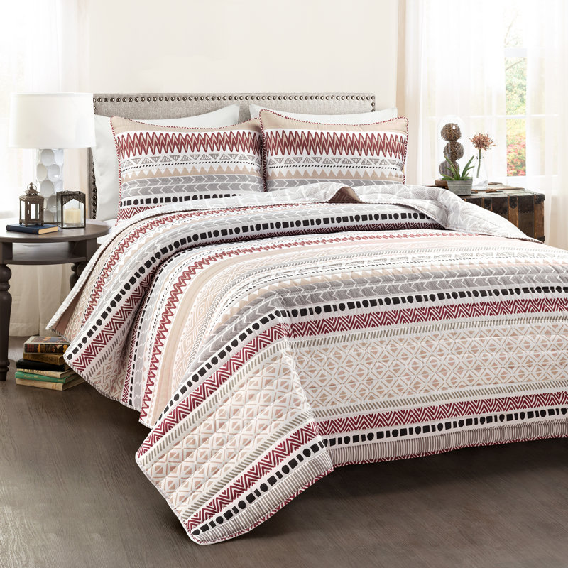 Brick Red/Neutral Microfiber Reversible 3 Piece Quilt Set, Full/Queen Quilt + 2 Standard Shams
