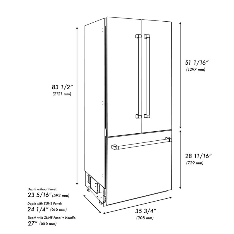 ZLINE Autograph 36 in. French Door Built-In Refrigerator w/ Gray Interior and Gold Helix Handles, Champagne Bronze