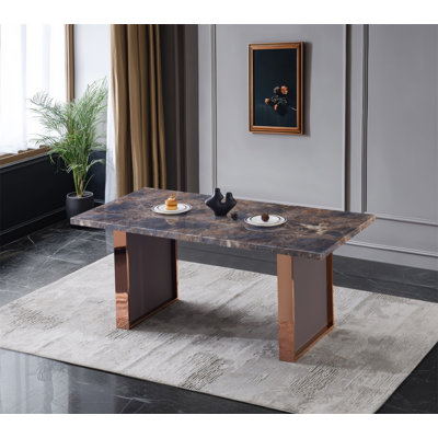 Table de salle à manger rectangulaire en bois aggloméré pour 6 ou 8 personnes, rectangulaire L 70,8 po x l 35,4 po x H 29,8 po, pieds luxueux en acier inoxydable effet pierre de taille moderne, durable, facile à assembler pour la cuisine / le salon / la réunion