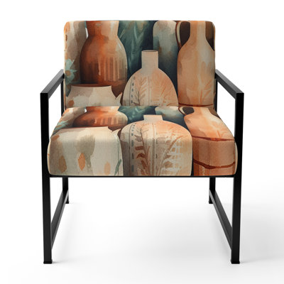 Orange And Green Soulful Ceramic Vase I - Upholstered Boho Arm Chair, Pottery Boho Accent Chair