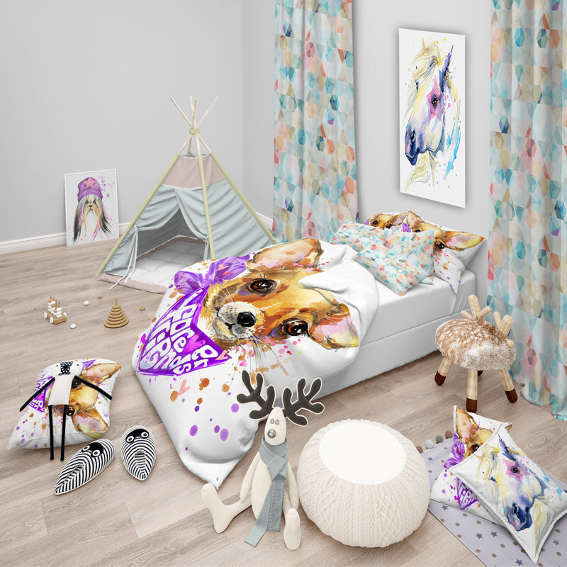 Cute Puppy Dog with Purple Neck Shawl Microfiber Duvet Cover Set