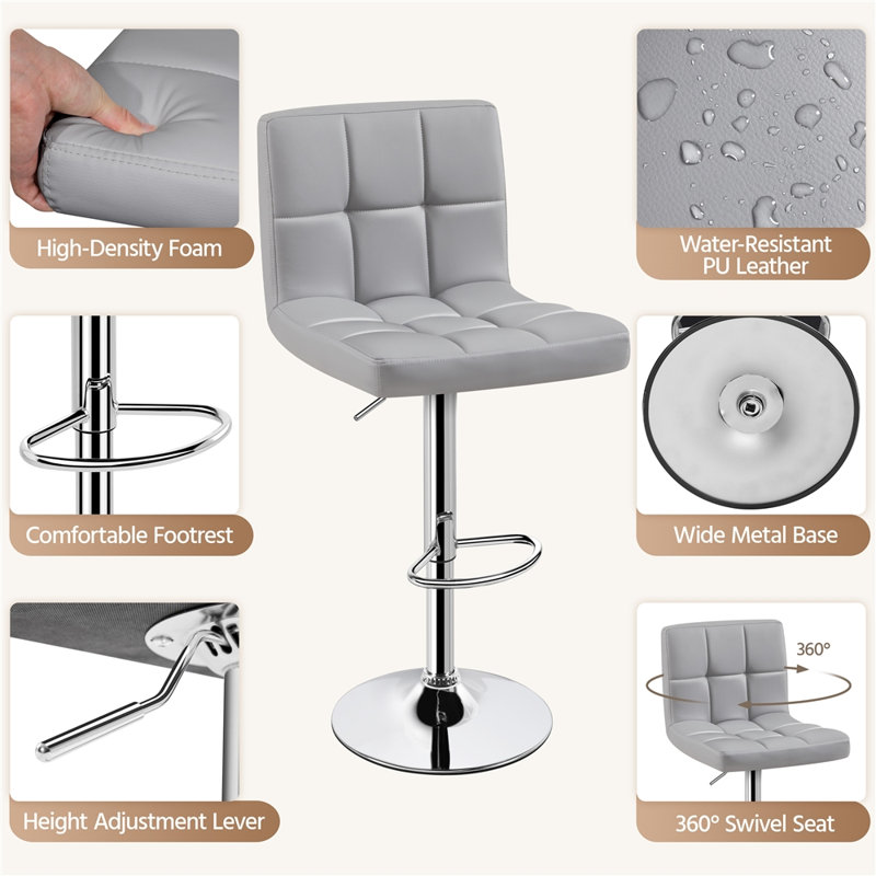 Tabouret de bar réglable en hauteur en similicuir avec dossier et repose-pieds, Light Grey
