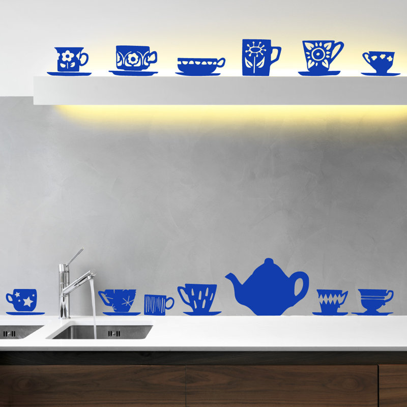 Décalcomanie murale tasses de thé, H 23 po x l 24 po x P 0,01 po, Bleu foncé