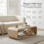 Table basse contemporaine courbée avec rangement ouvert conçue pour les décors de salon modernes, avec une finition en bois clair et un profil minimaliste