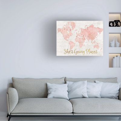  Art mural sur toile tendue - "Across The World Shes Going Places Pink" de Sue Schlabach pour décoration de salon, de chambre à coucher ou de bureau - 24 x 32
