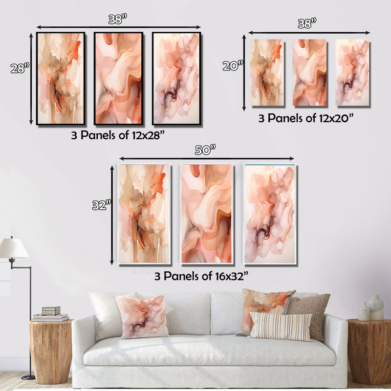 Distant Clouds Abricot Crush Infusion - Abstract Shapes Art Set Of 3 Pieces, Toile tendue, H 20 po x l 36 po
