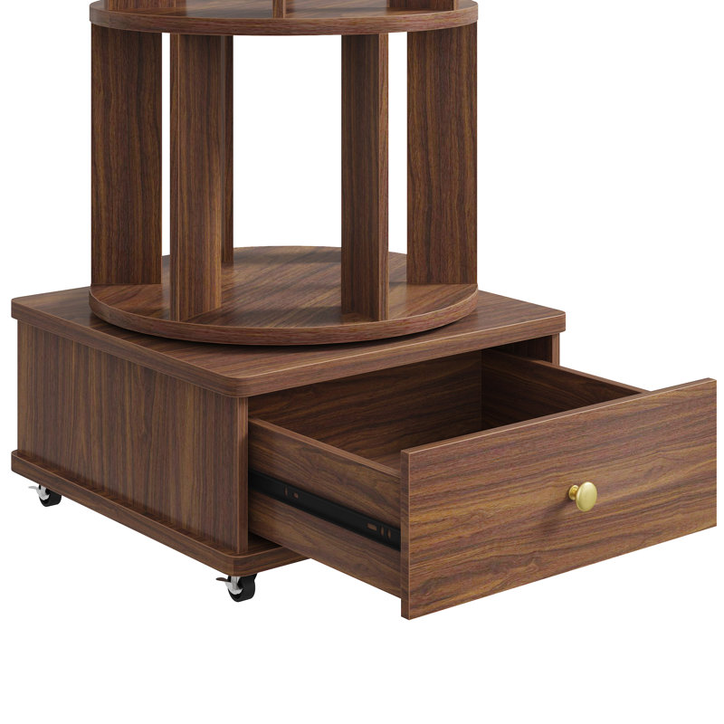 Bibliothèque pivotante à 360° avec tiroir de rangement et roulettes verrouillables, bibliothèque tournante autoportante en bois, meuble de rangement d'angle peu encombrant pour salon, bureau ou chambre.
