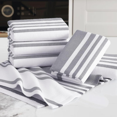 Ensemble de 6 serviettes de cuisine en coton de qualité supérieure avec essuie-mains à rayures et à éponge 380 g / m² de qualité supérieure
