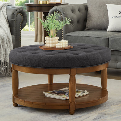 Grande table basse ronde avec repose-pieds rembourré en lin capitonné, grand repose-pieds avec tablette en bois massif - gris anthracite