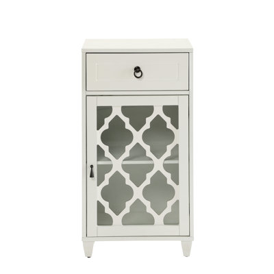 Table d'appoint blanche - Conception polyvalente avec tiroir et tablette derrière une porte en verre fabriquée en bois synthétique, idéale pour la décoration intérieure: 12 po de profondeur x 17 po de largeur, 33 po de hauteur, 35 lb et de pieds fonctionnels