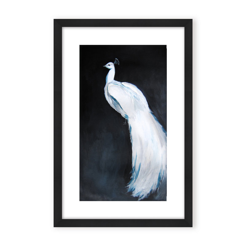 Nature Inspired Alabaster Majesty: White Peacock Against The Night, Framed Matted Print, 30" H x 24" W x 1.125" D, White