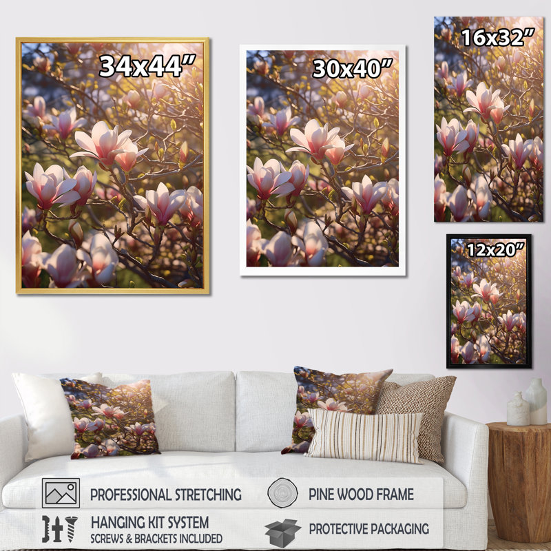 «Magnolias roses», impression sur toile, H 32 po x l 24 po x P 1 po, Cadre simple argenté