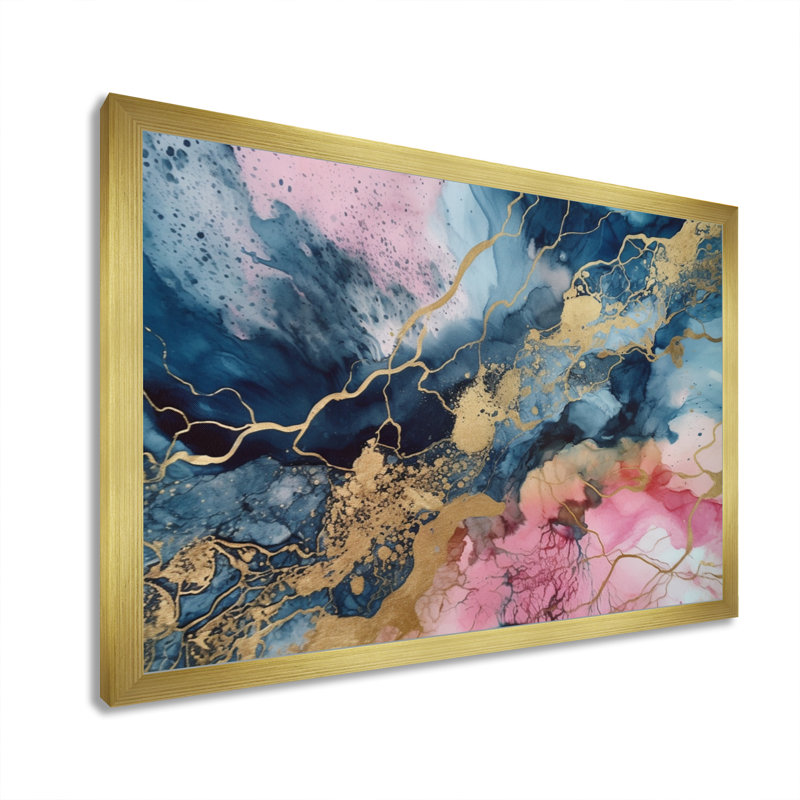 Exploration des profondeurs de la géode rose IV - art mural abstrait en marbre, H 12 po x l 20 po x P 1 po, Cadre doré simple