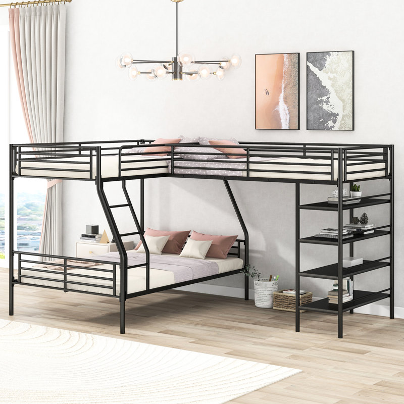 Lit superposé en L avec tablettes - Métal, noir pour chambre à coucher moderne