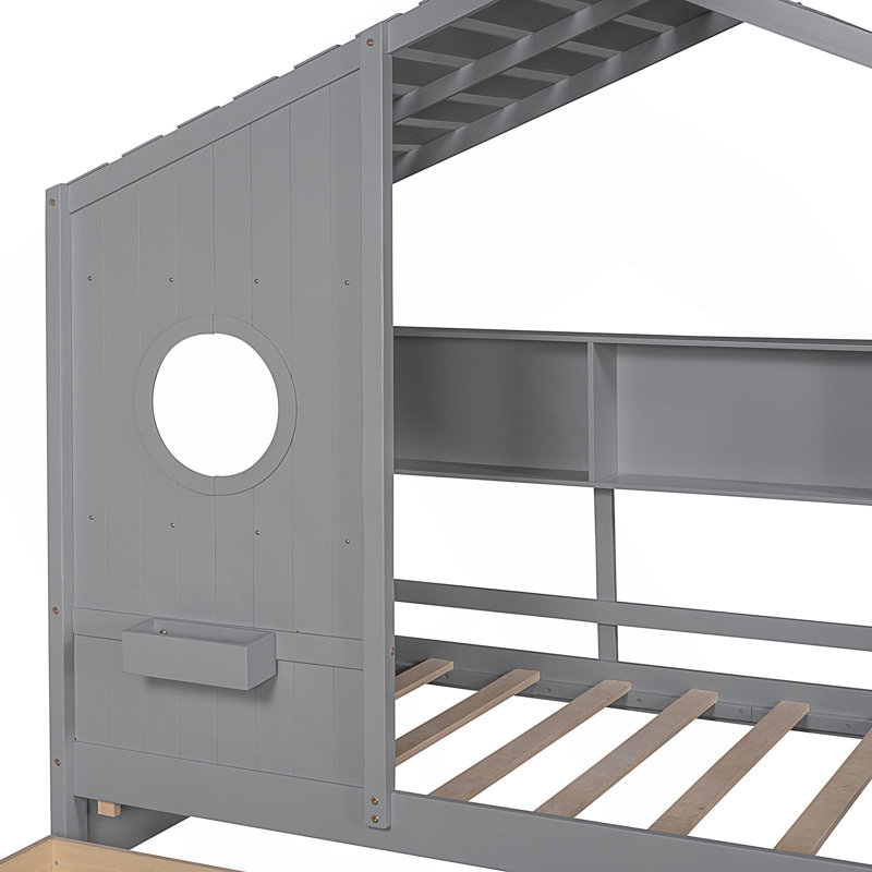 Lit en bois avec 2 tiroirs, Gris, Lit simple