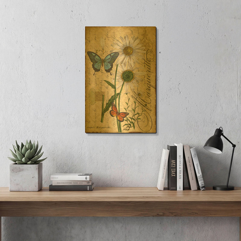 «Botanical Daisey Grande Marqueritte Damask» par Jean Plout, art mural en métal doré, 16 po x 24 po, 16"x24"