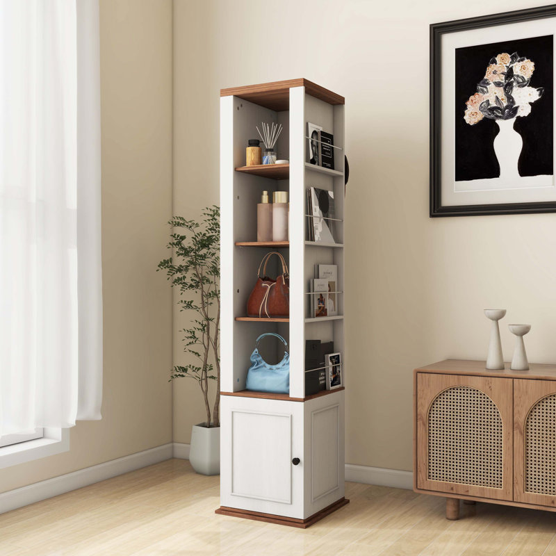 Armoire de rangement rotative avec miroir pleine longueur, tablettes ouvertes et crochets latéraux